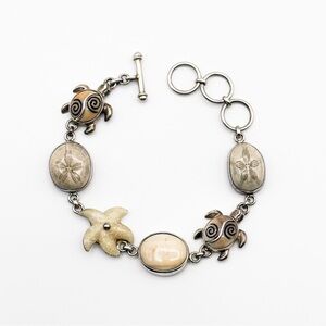 RARE! 🌊 Zealandia 🌊 Sterling Silver Fossil Sand Dollar and Ivory Turtle Bracelet